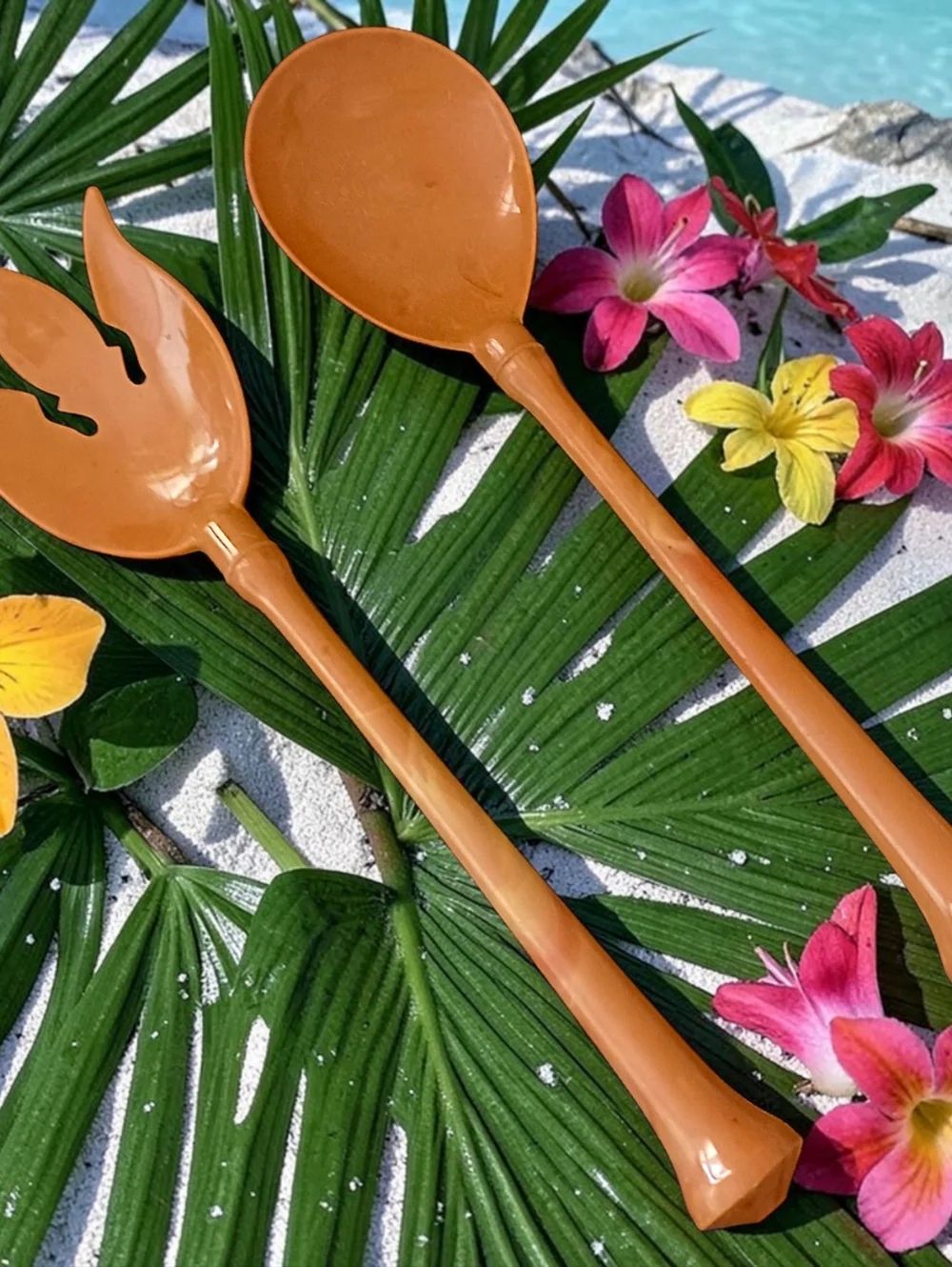 Vintage Melamine Salad Servers Set Harvest‎ Gold Butterscotch Marbled Fork Spoon